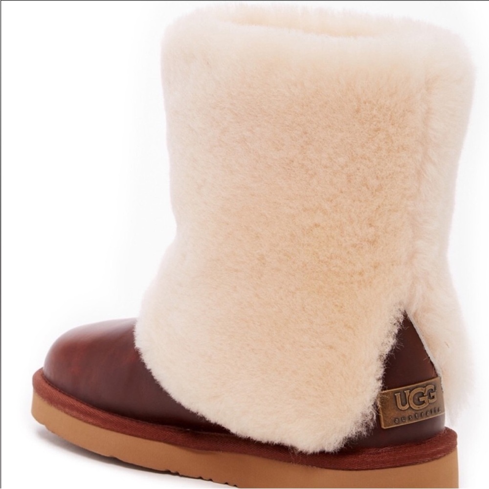 UGG PATTEN Shearling Cuff Chestnut Brown Leather Boots Women’s Size 6